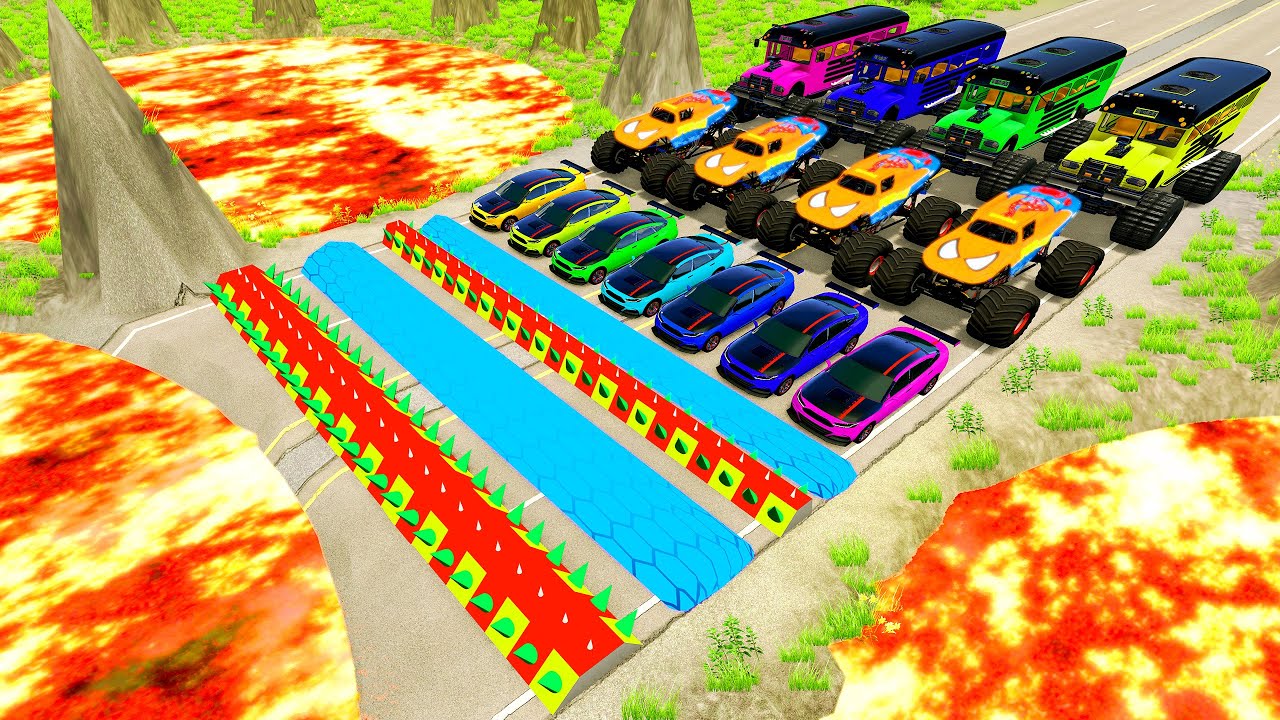 Big Bus & Monster Truck & Cars vs Trap Colors High Speed Ramps & Spiked Bumps - HT Gameplay Official