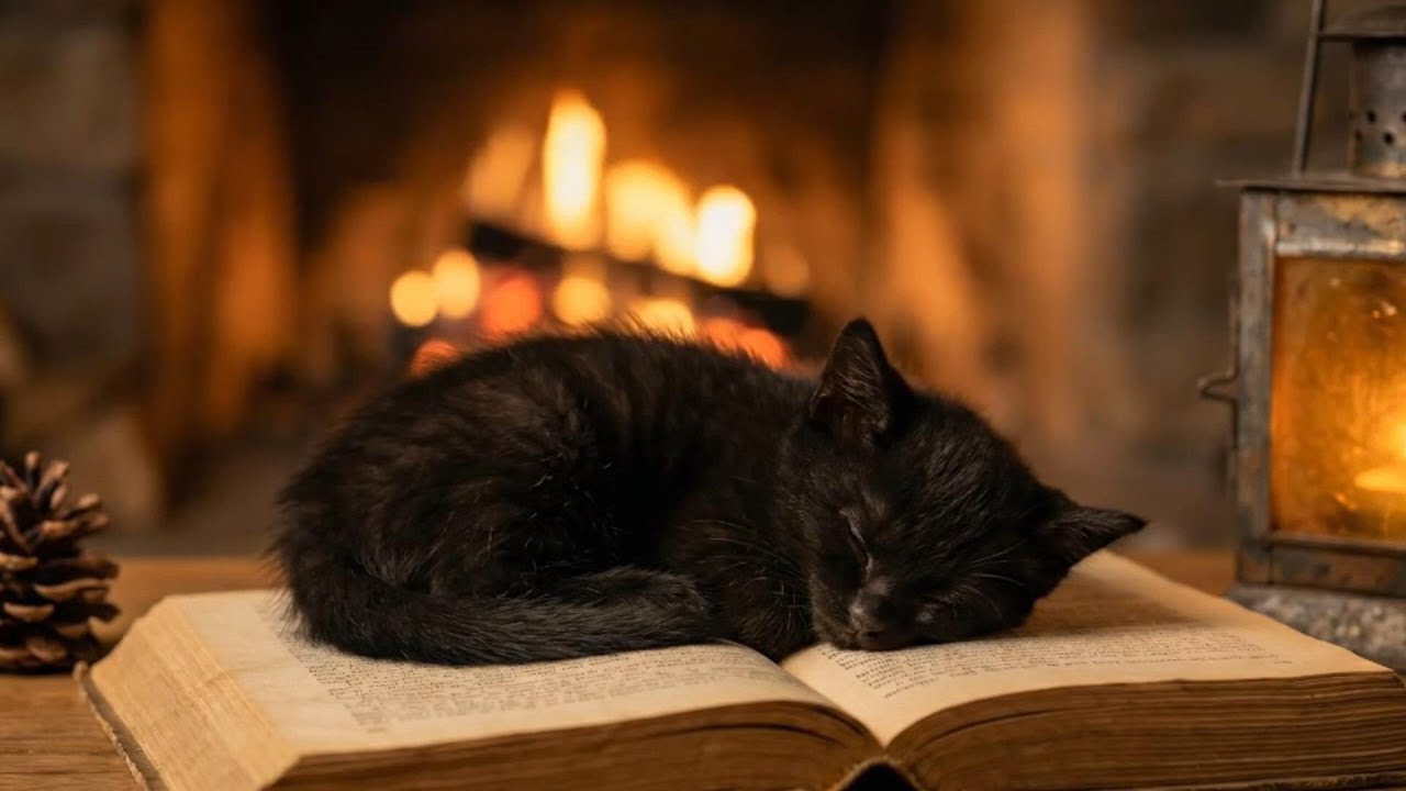 This Black Kitten Reading by the Fire Is Better Than Sleeping Pills.
