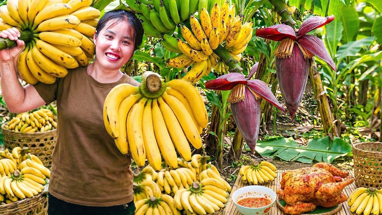 Harvesting Wild Bananas to Sell at the Market – Cooking a Whole Chicken for My Daughter and Son