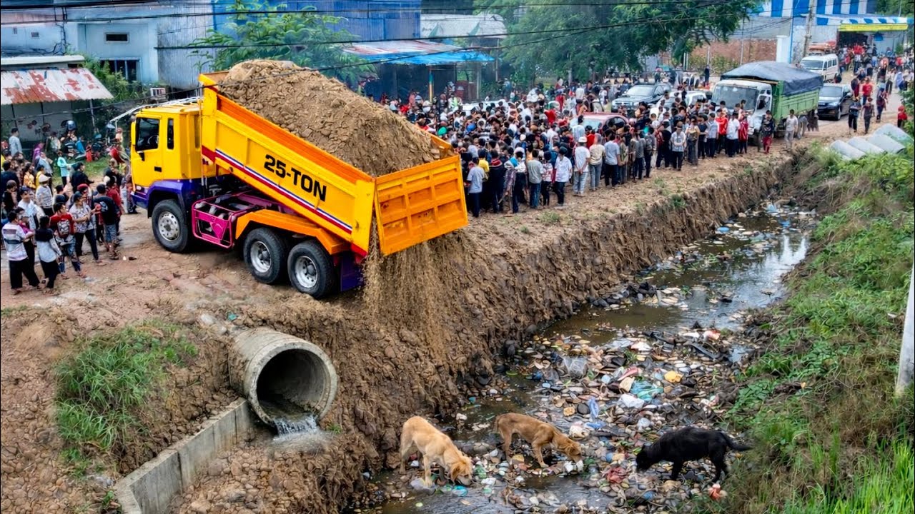First Started A Perfect Project!! LandFill Delete Deep Canal By Skills Dozer Pushing Soil Into Water