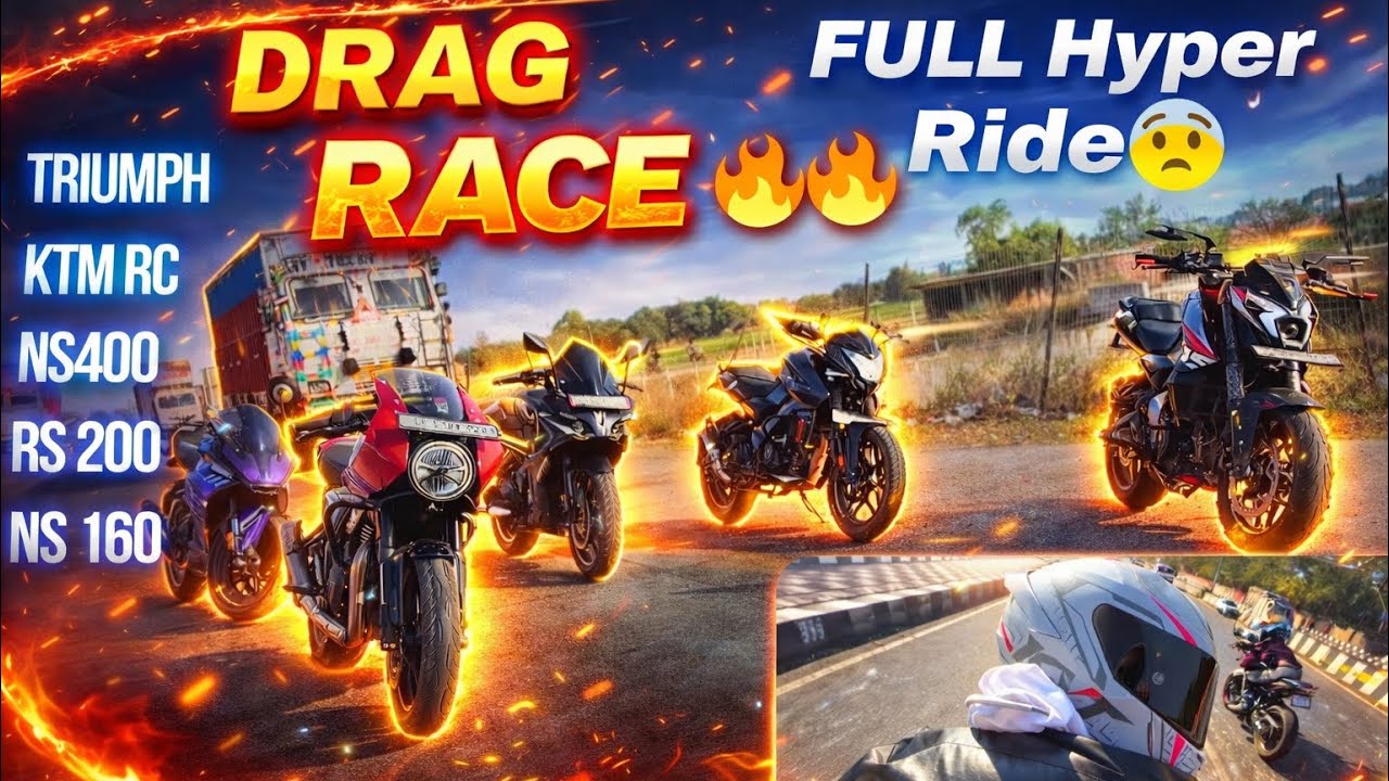 Drag race between triumph ,ktm Rc,ns400,rs200,Ns 160🔥🔥full hyper ride 😨