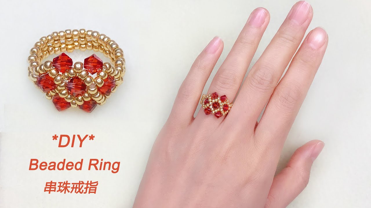 DIY Beaded Vintage Ring with Red Bicone Crystal Beads and Gold Seed Beads复古风串珠戒指