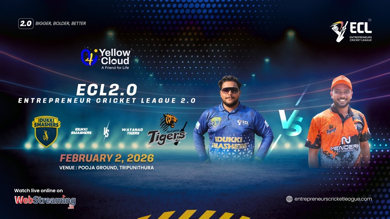 Idukki Smashers vs Wayanad Tigers || Yellow Cloud Presents Entrepreneurs Cricket League 2.0