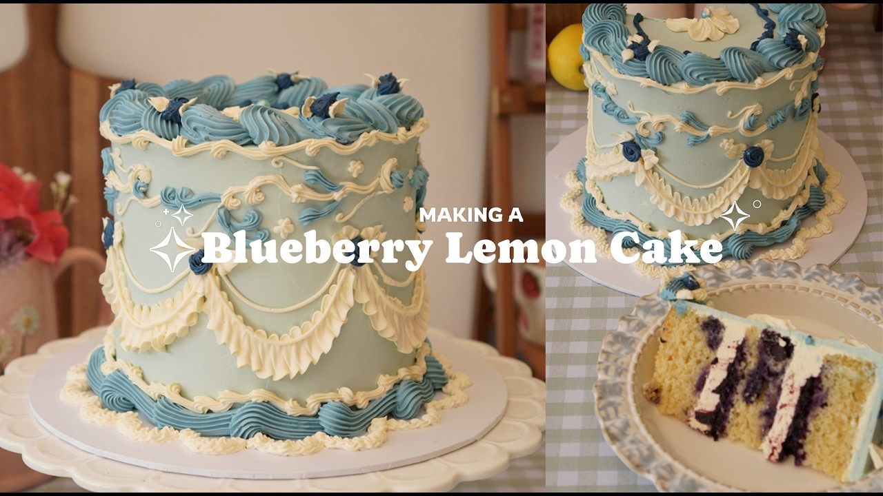 🍋🫐 Make a Blueberry Lemon Vintage Cake With Me 🎀 Cozy and Relaxing Vintage Cake Decorating Video 🍰