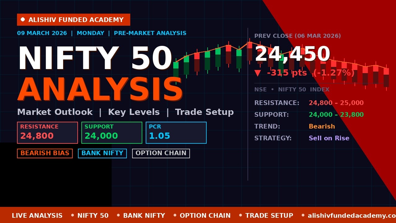 Nifty 50 Analysis 09 Mar 2026 🔴 Bearish Bias | Support 24,000 | Resistance 24,800 | Bank Nifty View