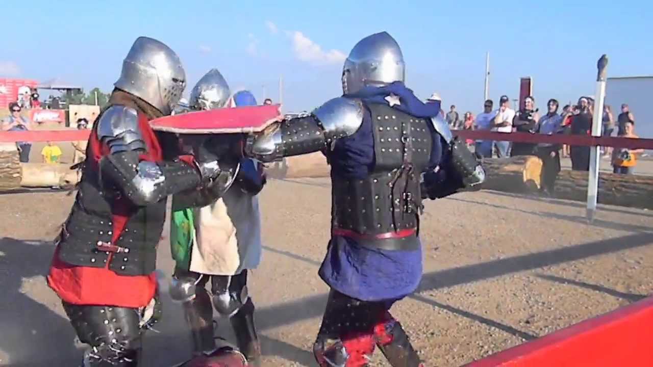 Armored Knights from Team USA fight at the Medieval Rush obstacle course