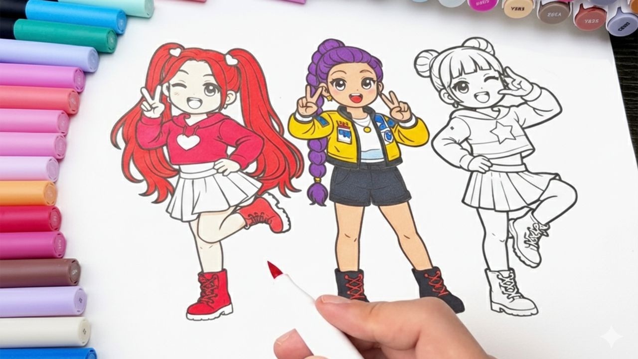 How to Draw & Color Cute K-Pop Girls 🎶💫 | Easy for Kids
