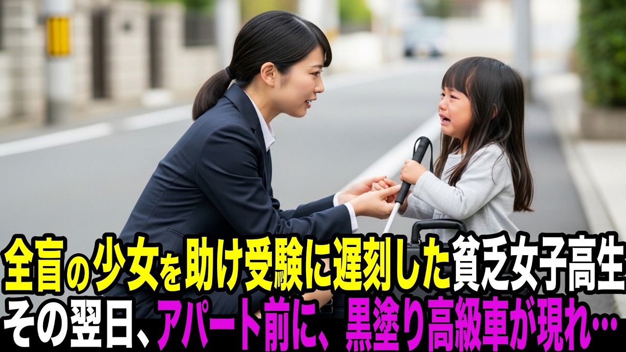 全盲の少女を助け面接に遅刻した貧乏女子高生。翌日、黒塗りの高級車が現れ…