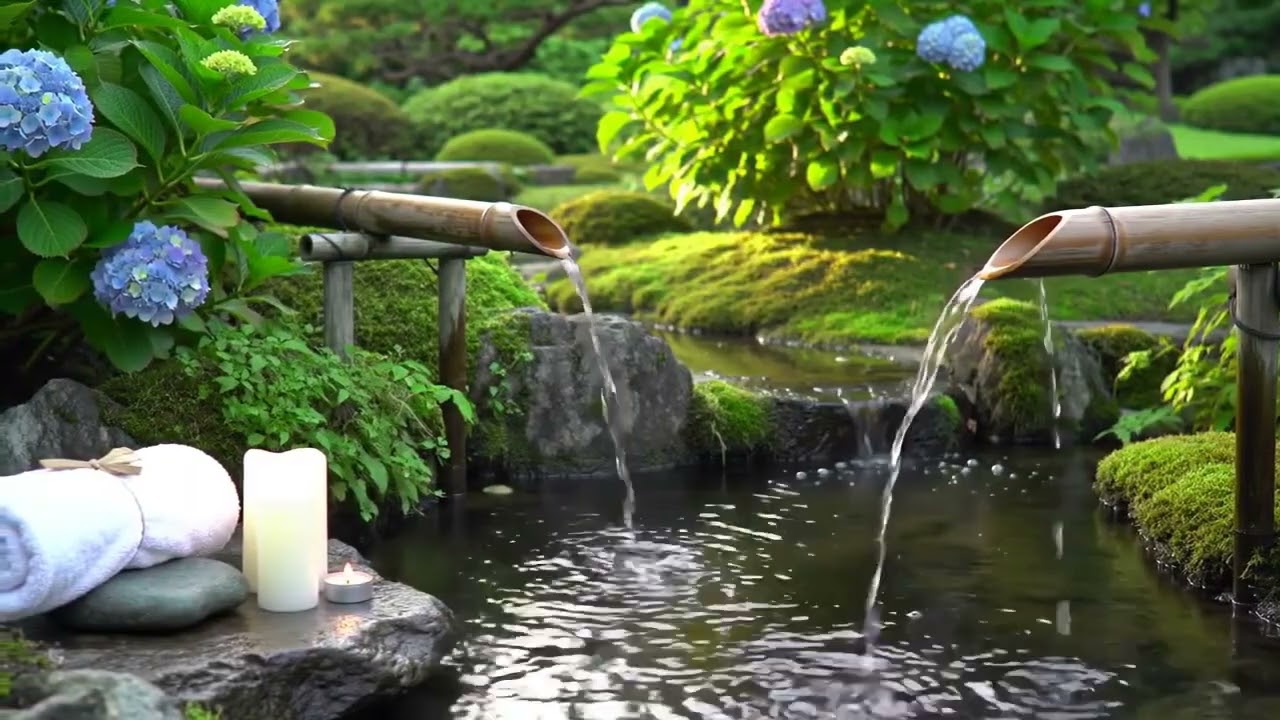 Healing Zen Elemental Calm Bamboo Fountain and Candlelight with Flowing Water and Soft Wind for Stre