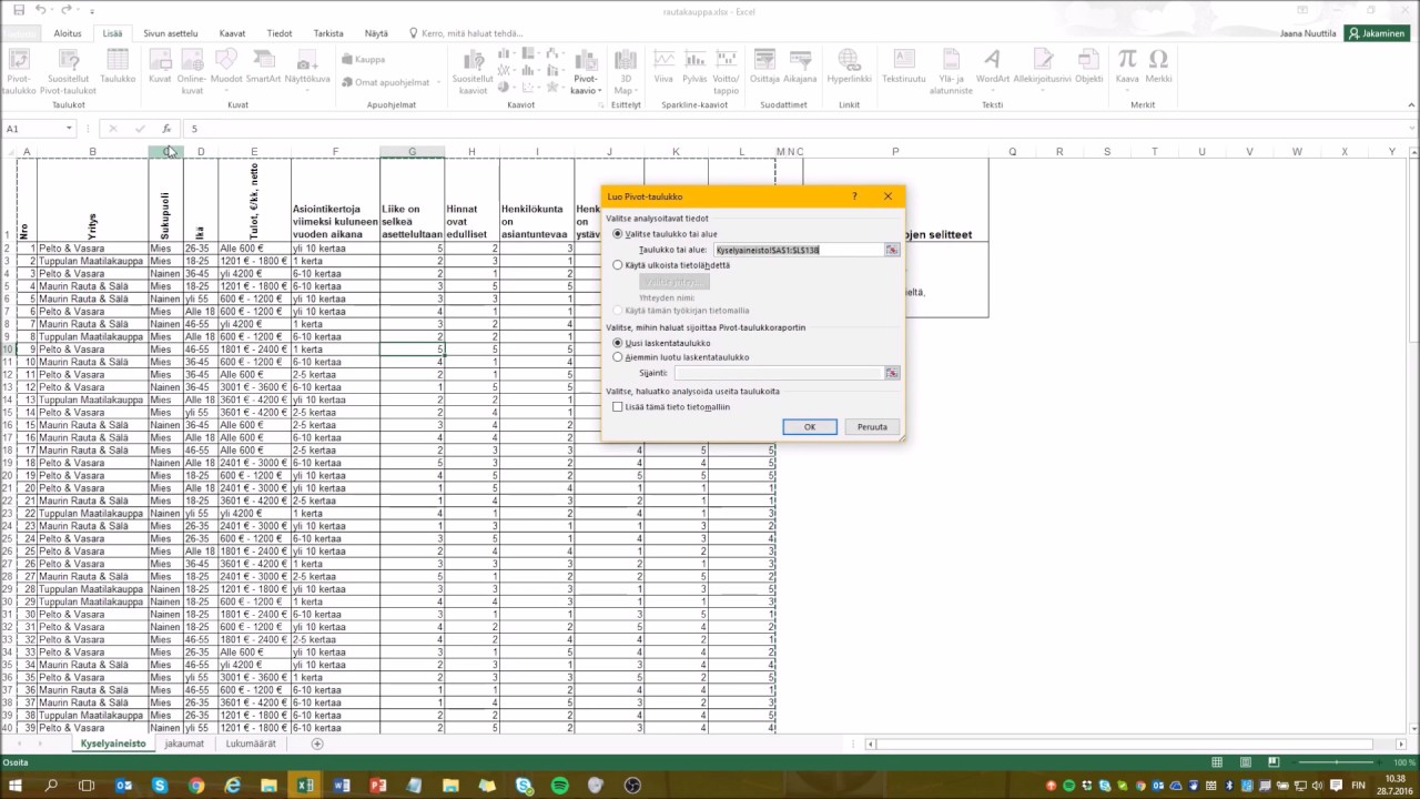 Excel 2016: Suodatus ja Pivot-taulukot