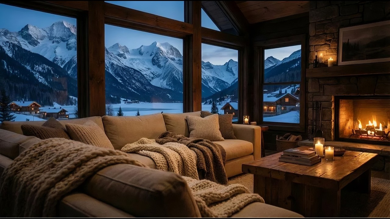 Winter Blizzard at Cozy Cabin 🔥 Crackling Fireplace Sounds & Snowstorm Ambience