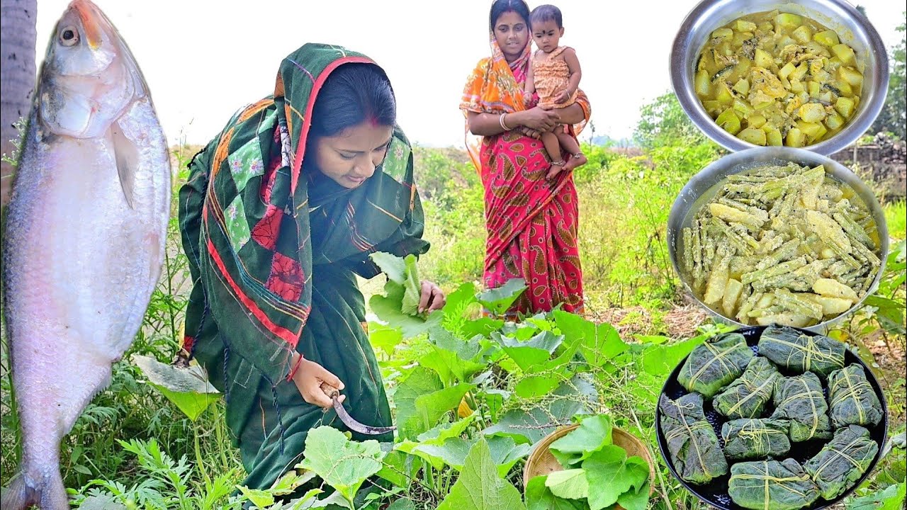 গ্রামের সবার প্রিয় কুমড়ো পাতায় ইলিশ মাছের পাতুরি, ডাটা পোস্ত আর লাউ শুক্তো রান্না || fish curry