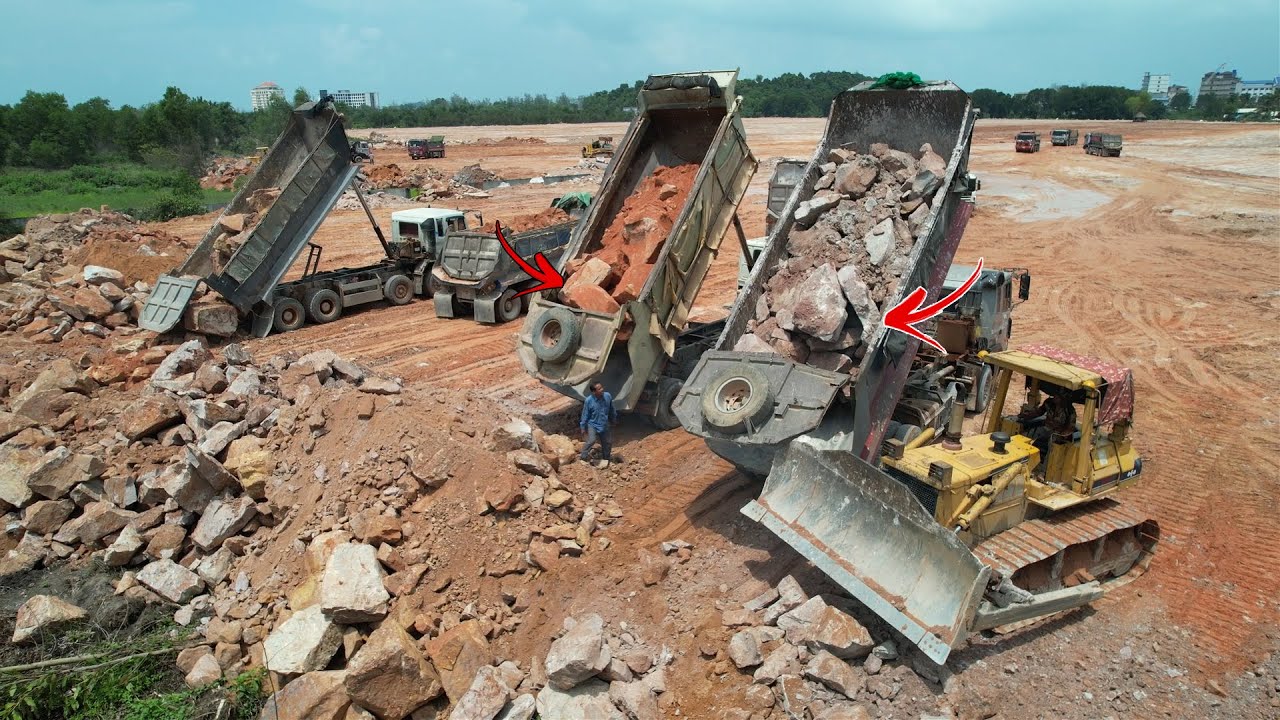 Most Impressing Construction Heavy Duty Job Bulldozer & Dump Truck Moving Big Rock Level The Ground