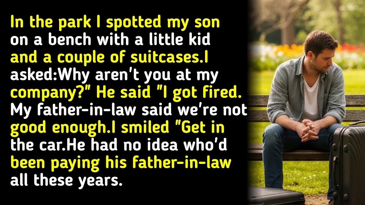 In the park I spotted my son on a bench with a little kid and a couple of suitcases.I asked:
