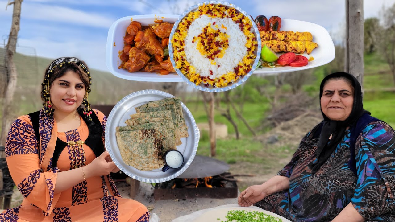 Mix of Traditional Dishes in the Village ♡ joojeh kebab, zereshk polo, kalaneh