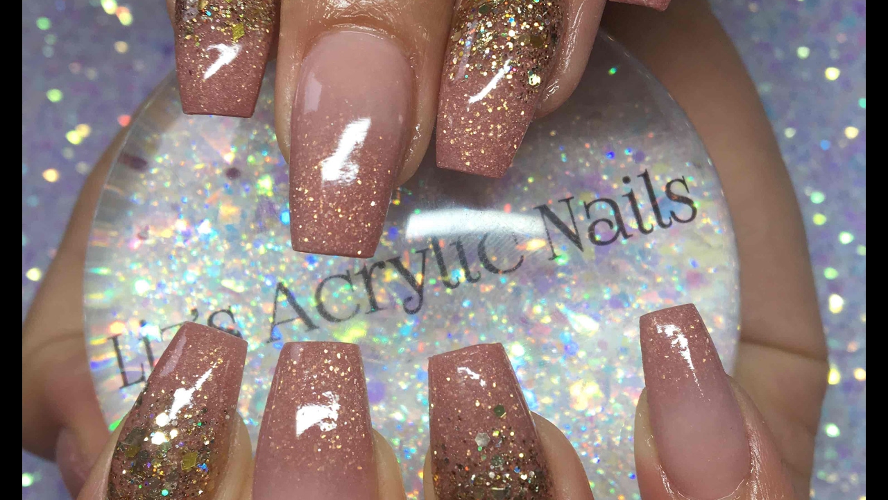 Acrylic Nails | Infill Ombre And Glitter | Rose Gold
