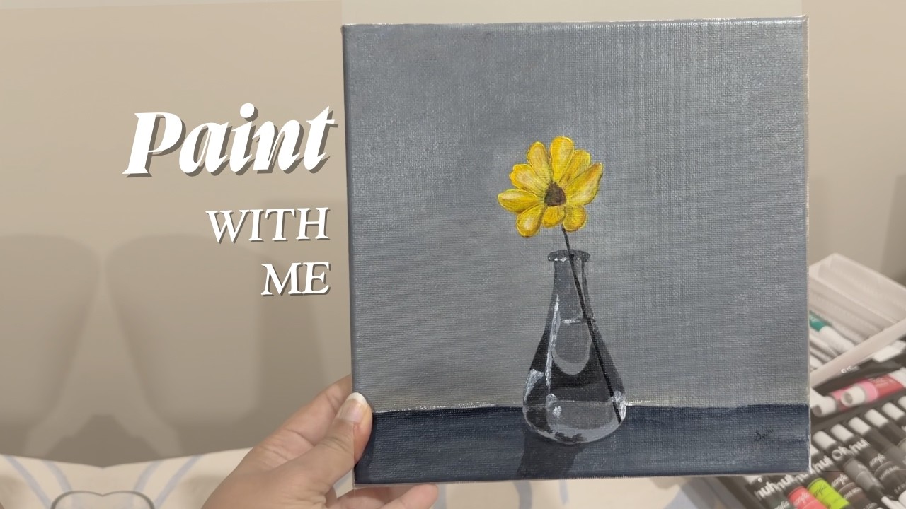 Paint with me ~ yellow flower in a glass vase, acrylic painting on square canvas