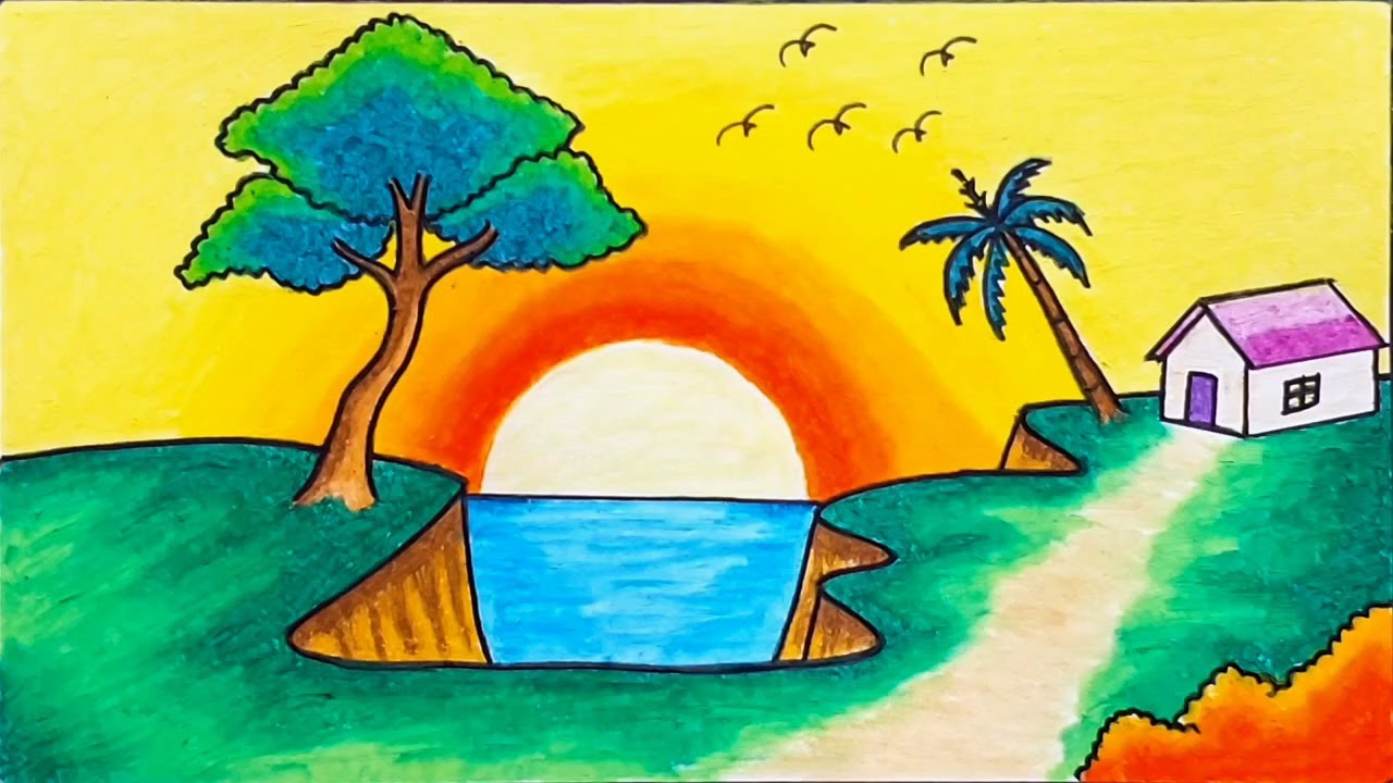 Gambar Pemandangan | Cara Menggambar Pemandangan Sunset Di Atas Bukit Yang Indah Dengan Oil Pastel