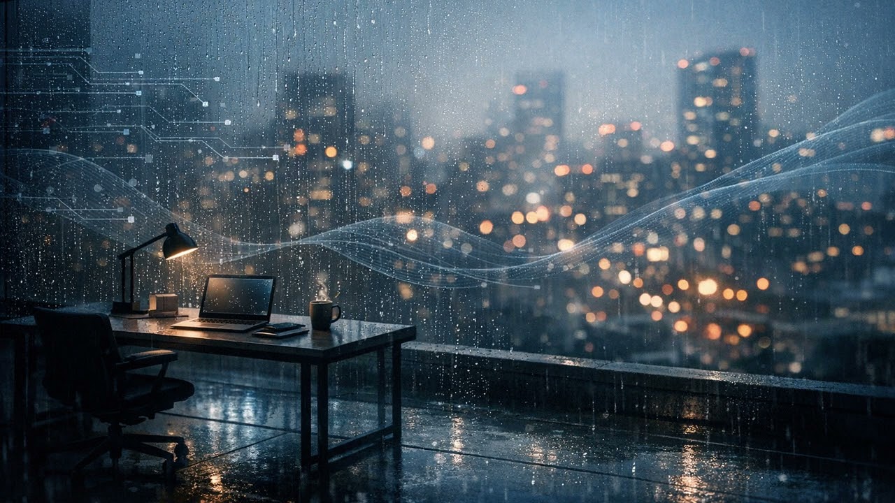 Rainwashed Circuitry Under Amber Eaves