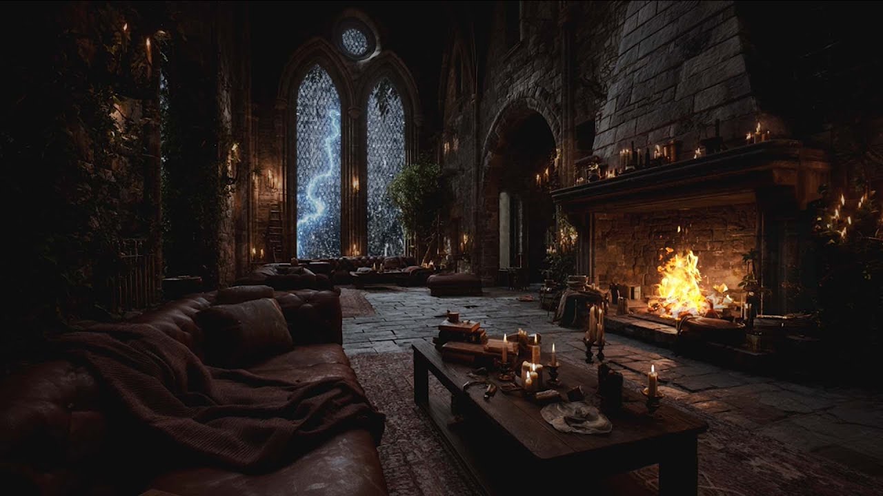Old Stone Castle Ambience – Medieval Rainstorm, Thunder & Fireplace Sounds for Deep Sleep