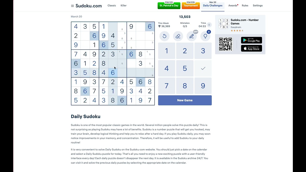 Sudoku.com Daily Challenge Solution | March 20 2026