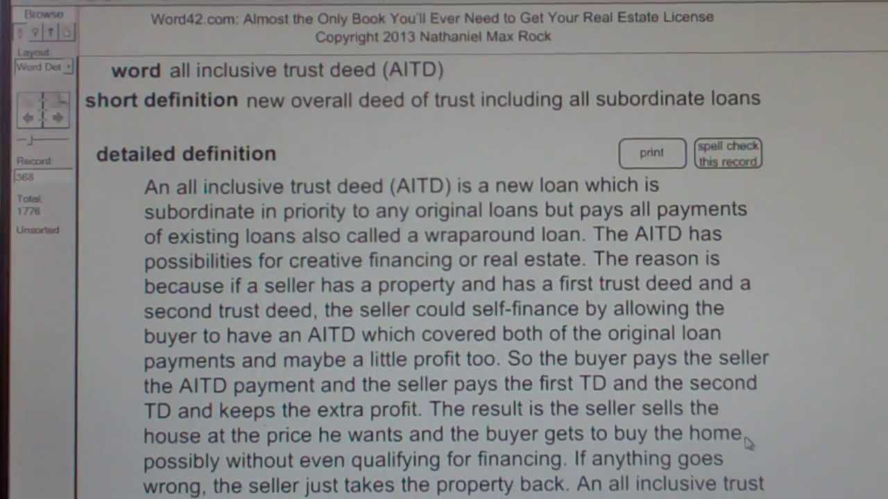all inclusive trust deed (AITD) Real Estate License Exam Study Guide AgentExamPass.com
