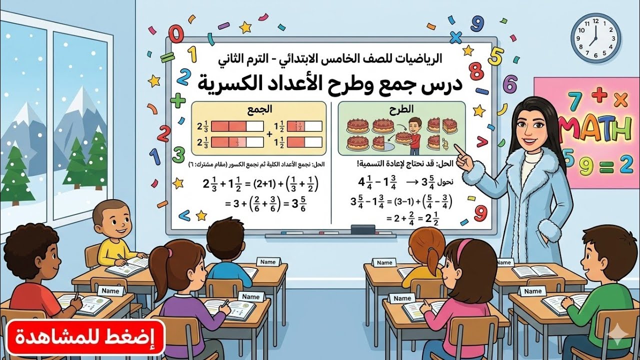 صف خامس الترم الثانى الوحدة الثامنة الدرس 4و5(جمع الاعداد الكسرية وطرحها) #ام_الرياضيات 