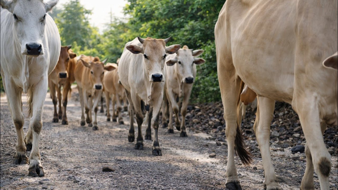 sekelompok sapi berjalan di jalan yg berdebu