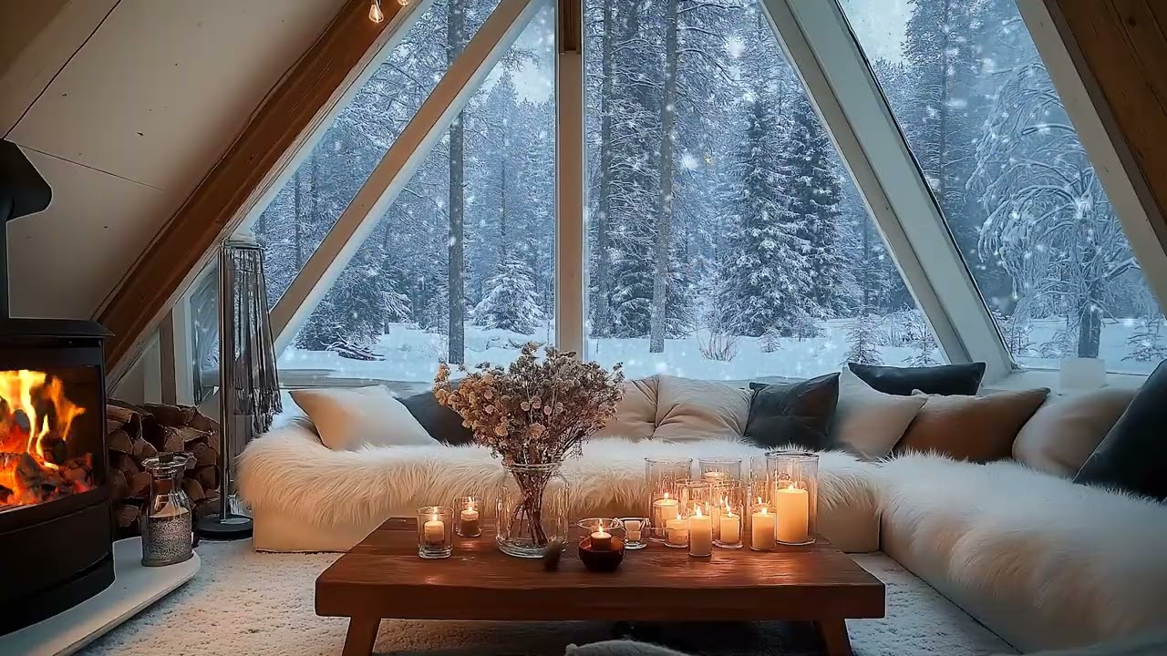 🤍🌙 Peaceful Winter Piano Sleep | Falling Snow & Fireplace Warmth | Stress Relief, Insomnia Help