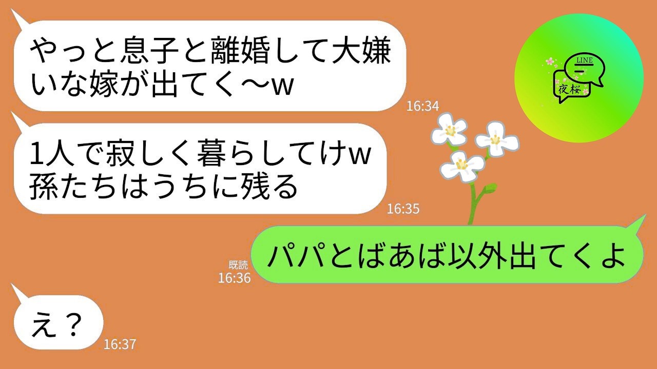 【LINE】夫との離婚が決まると嫁いびり大好きな義母が勝利宣言「やっと大嫌いな嫁が出ていくw1人で寂しく暮らせ」→息子「ばあばとパパ以外出てくよ？」→2人を除いて皆で引っ越した結果www