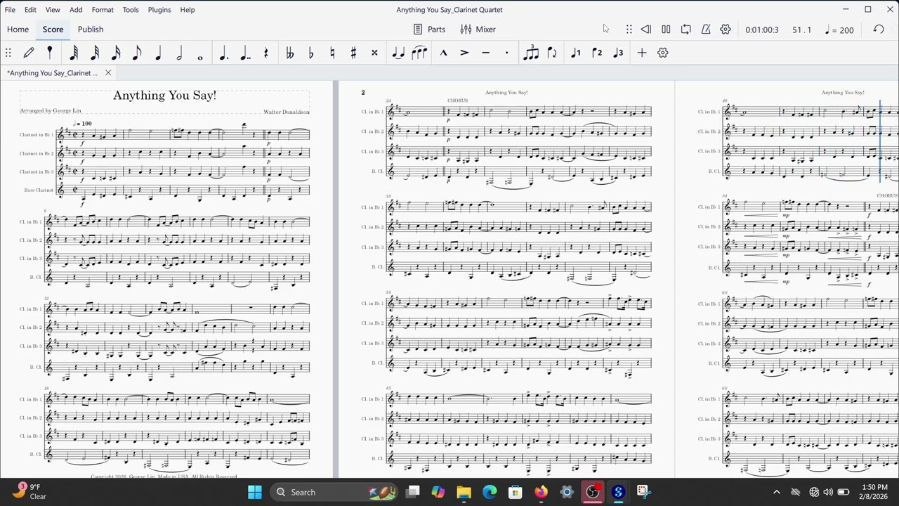 Anything You Say! (Walter Donaldson).  Music arranged for clarinet quartet.