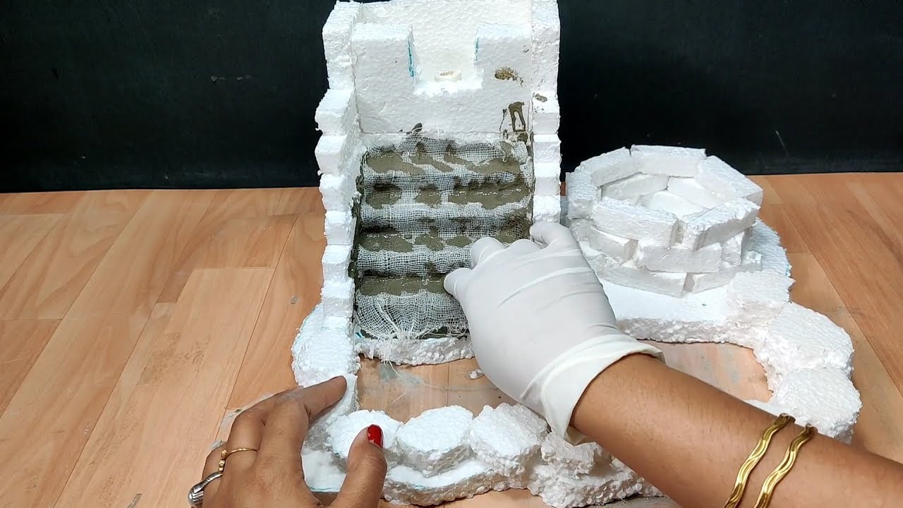 best thermocol waterfall fountain making idea using cotton bandage