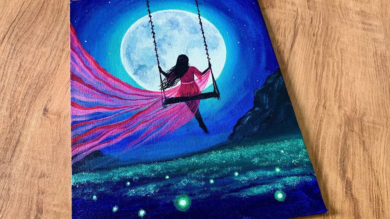 A Girl on Swing under Full Moon Painting / Full Moon Acrylic Painting/ Acrylic Painting Tutorial/