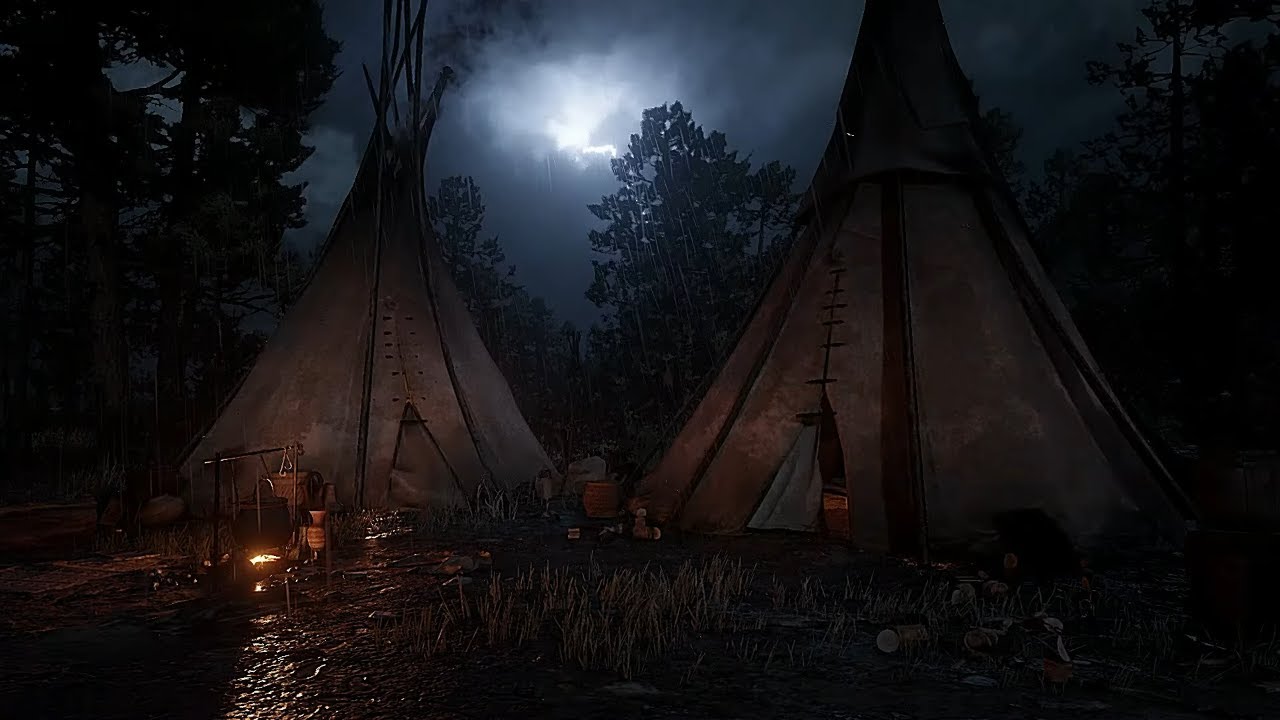 Thunderstorm At Night Inside Indian Tipi With Eagle Flies | RDR2 ASMR