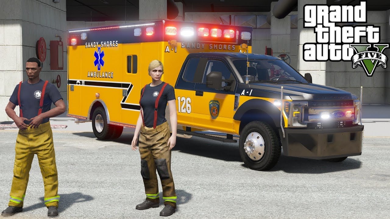 GTA 5 Paramedic Mod Sandy Shores Ford F-450 SuperCab EMS Ambulance Responding To Emergency Calls