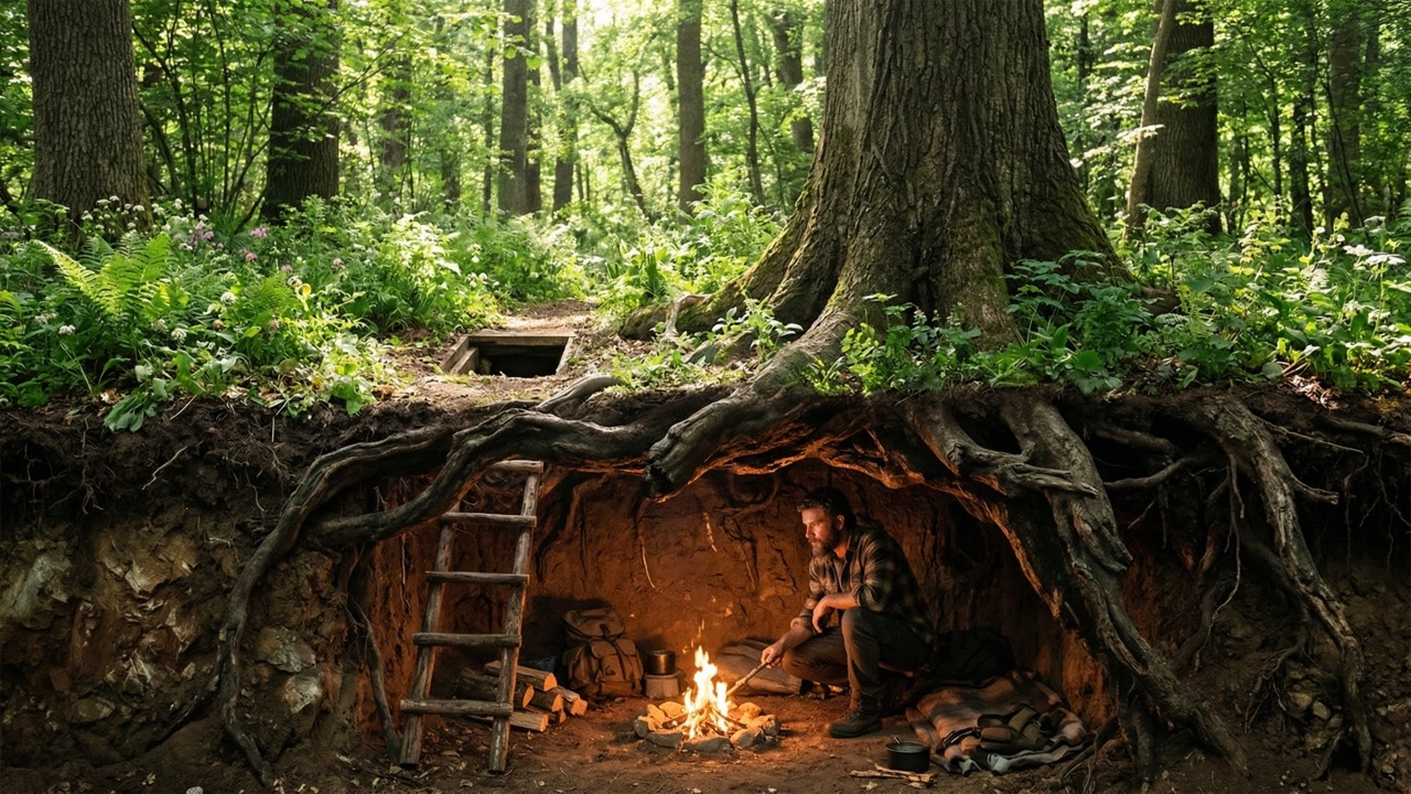 Building a Secret Underground Shelter under Giant Tree Roots | Bushcraft ASMR