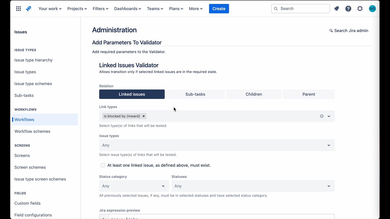 How to block a Jira issue transition when blocking linked issues are not completed