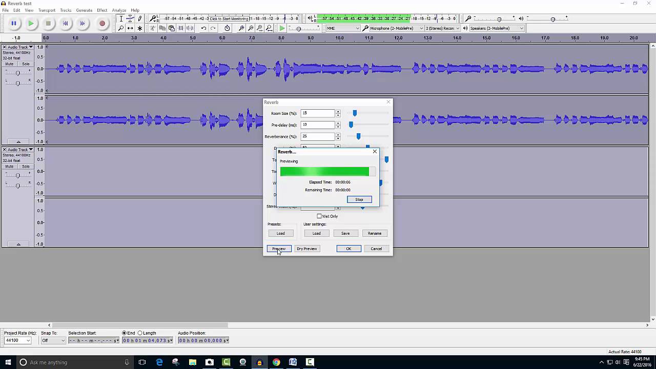 Using Reverb in Audacity in Windows 10 2016 NNN