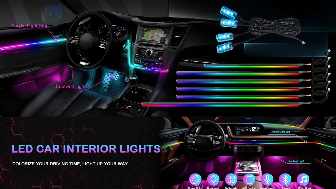 Акриловые RGB-ленты 12 В LED подсветка для автомобиля с управлением через приложение