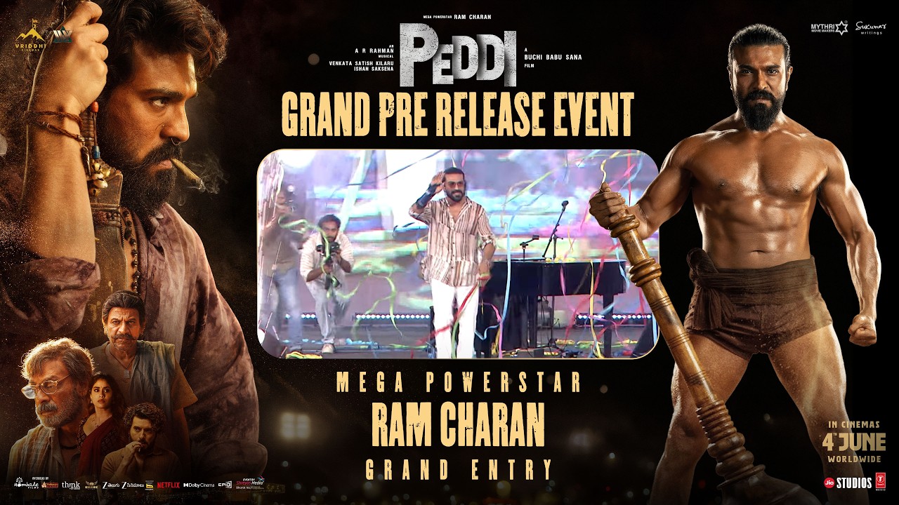 Mega Powerstar Ram Charan Entry | Peddi Grand Pre Release Event @ Vijayawada | Janhvi Kapoor