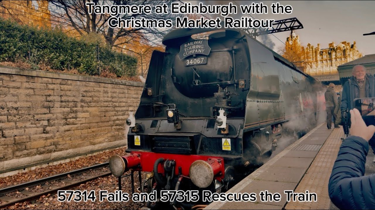 57315 Rescues SR Battle of Britain 34067 “Tangmere” and 57314 “Conwy Castle” at Edinburgh (22/11/25)