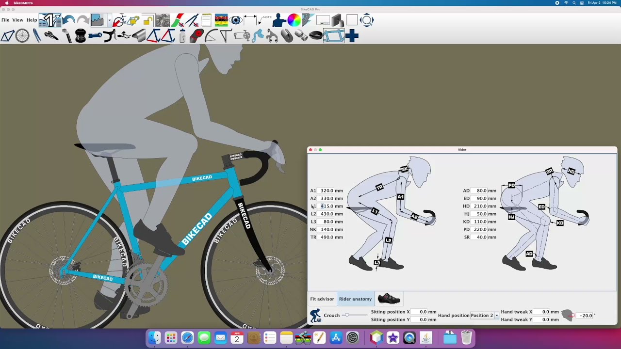 Rider anatomy in BikeCAD Pro
