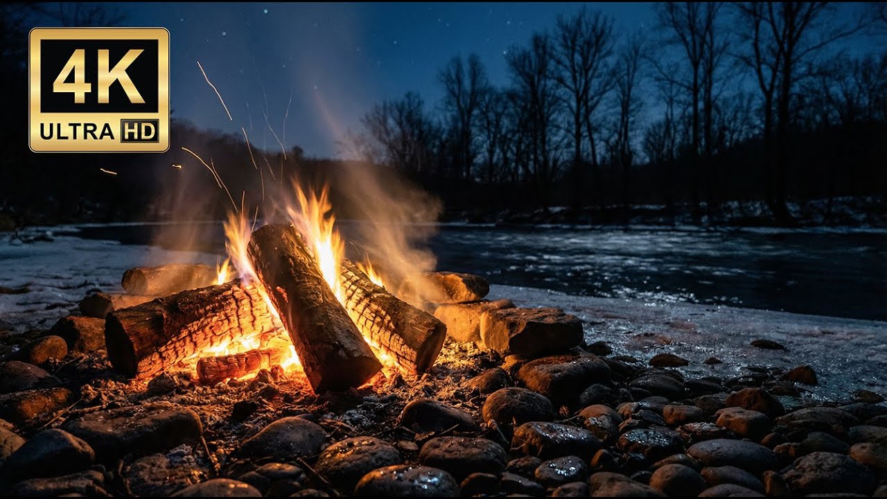 Riverbank Campfire Sounds at Night 🔥 Crackling Fire ASMR (No Music, 4 Hours)