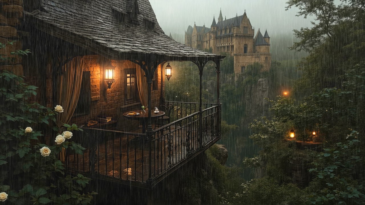 Gothic Castle Rain Ambience | Books, Coffee & Melancholic Piano | Dark Academia Study Music