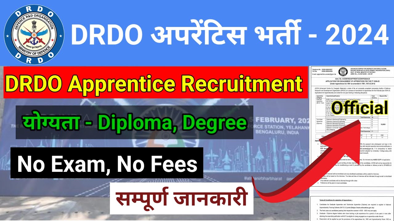 DRDO Apprentice Recruitment 2024 | DRDO ACME Apprenticeship |  DRDO apprentice Notification |