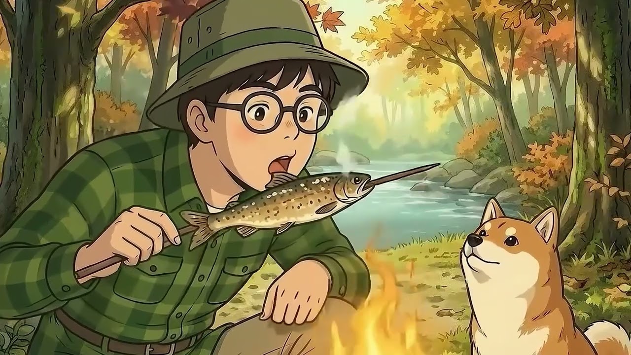 Watercolor Painting by the Stream 🎨 with Shiba Inu & Grilled Fish | Ghibli-Style ASMR