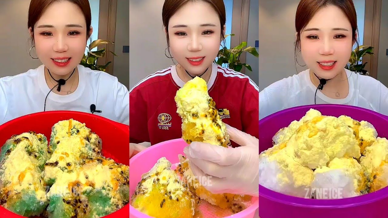 ASMR YY CRUNCHY ICE CHUNKS EATING WITH MILK POWDER AND PASSION FRUIT 