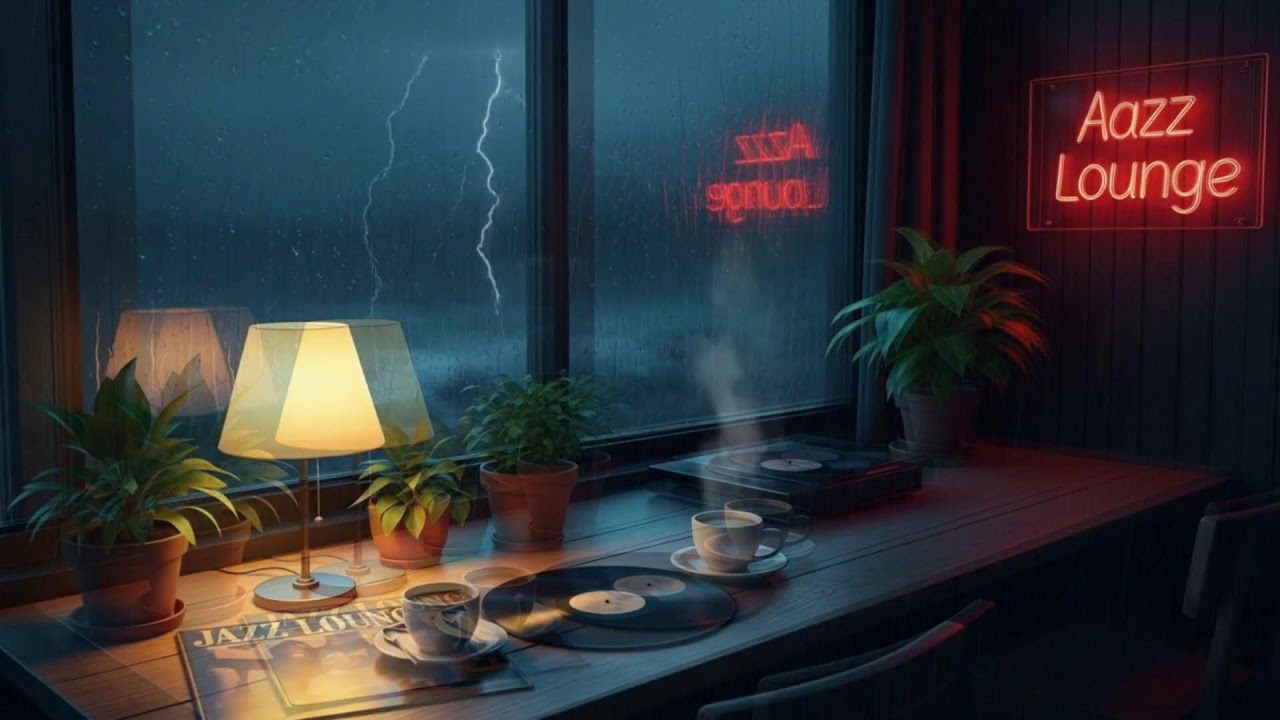 Cozy Night Stormy Thunder Rain ｜ Smooth Deep Work 🌙⚡🌧️🎷☕💫✨