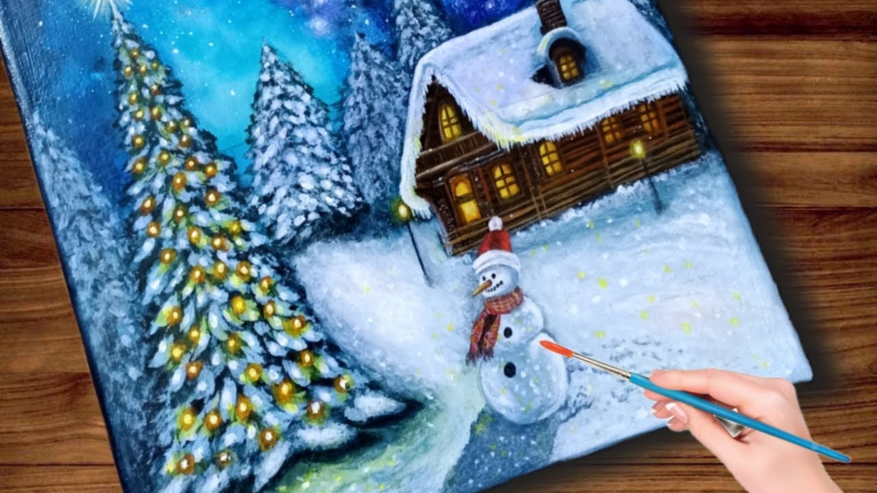 Snowman drawing easily/step by step for beginners/acrylic painting tutorial