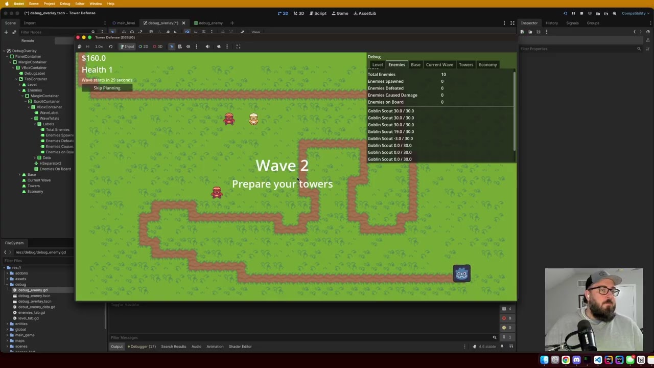 Day 34: Enemy Lifecycle Tracking & Debug Overlay Expansion in Godot | Tower Defense Devlog